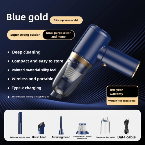 Car vacuum cleaner, car handheld wireless, super suction, rechargeable, small household vacuum cleaner, suction and blowing in one, blue and gold