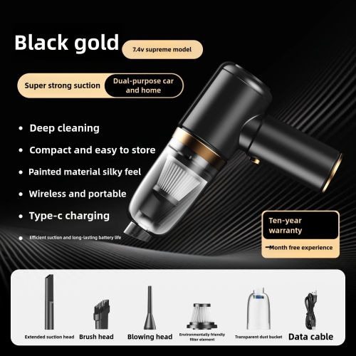Car vacuum cleaner, car handheld wireless, super suction, rechargeable, small household vacuum cleaner, suction and blowing in one, black and gold