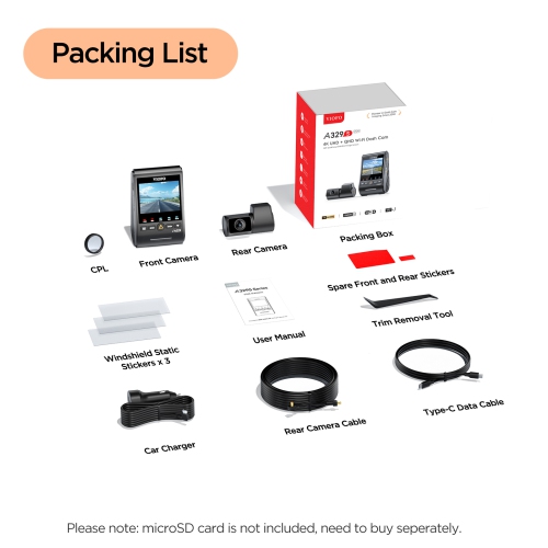 VIOFO A329S 2CH 4K UHD 60FPS Front and 2K QHD Rear Dash Cam with Wi-Fi 6, Sony STARVIS 2, SSD Compatible