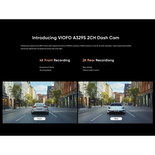 VIOFO A329S 2CH 4K UHD 60FPS Front and 2K QHD Rear Dash Cam with Wi-Fi 6, Sony STARVIS 2, SSD Compatible