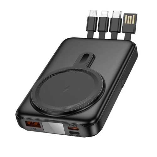 10000 mAh Magnetic Wireless Charger MagSafe Battery Pack Portable Power Bank with USB-C Lightning Micro USB Cable, Black