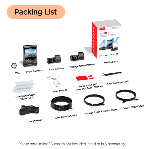 VIOFO A329S 3CH 4K UHD Front and 2K QHD Inside/Rear Dash Cam with Wi-Fi 6, Sony STARVIS 2, SSD Compatible