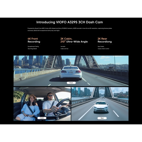 VIOFO A329S 3CH 4K UHD Front and 2K QHD Inside/Rear Dash Cam with Wi-Fi 6, Sony STARVIS 2, SSD Compatible
