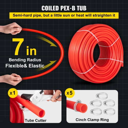 VEVOR 1 Inch x 500 FT PEX Pipe, PEX Tubing, Non Oxygen Barrier Red PEX-B Pipe, Flexible PEX Water Line for RV Sewer Hose, Plumbing, Radiant Heating