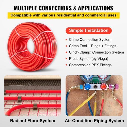 VEVOR 1 Inch x 500 FT PEX Pipe, PEX Tubing, Non Oxygen Barrier Red PEX-B Pipe, Flexible PEX Water Line for RV Sewer Hose, Plumbing, Radiant Heating