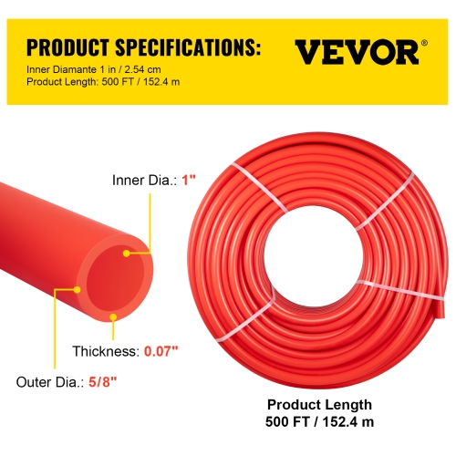 VEVOR 1 Inch x 500 FT PEX Pipe, PEX Tubing, Non Oxygen Barrier Red PEX-B Pipe, Flexible PEX Water Line for RV Sewer Hose, Plumbing, Radiant Heating