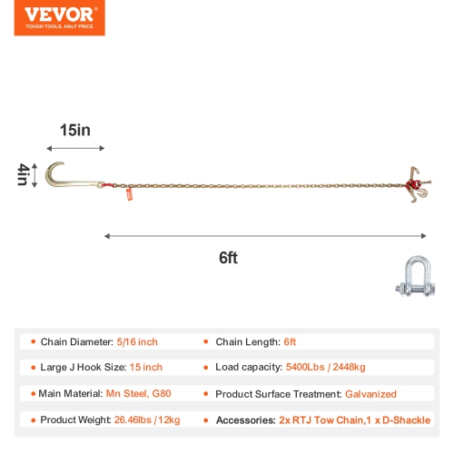 VEVOR 2PCS J Hook Chain, 5/16" x 6' G80 15" Long Shank J Hook Tow Chain with RTJ Cluster Hook & Grab Hook, 5400 lbs Working Load, Heavy Duty