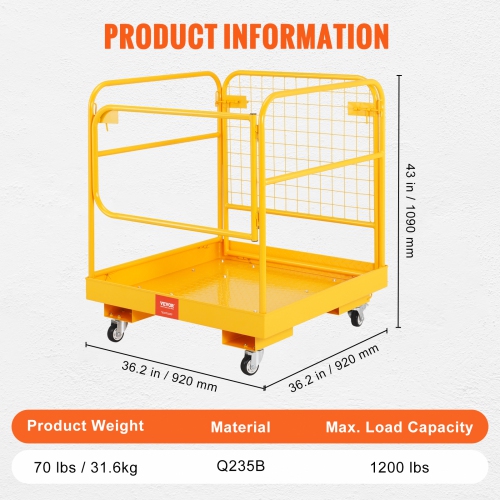 VEVOR 1200 lbs Load Capacity Forklift Safety Cage, 36 x 36 inches Folding Forklift Work Platform with Lockable Swivel Wheels, Drain Hole & Device