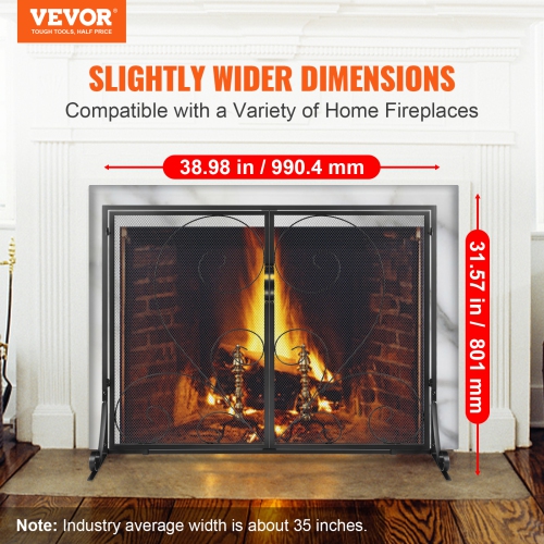 VEVOR 1 Panel Fireplace Screen with Door, Sturdy Iron Mesh Fireplace Screen, 39"(L) x31.6"(H) Spark Guard Cover, Simple Installation, Free Standing
