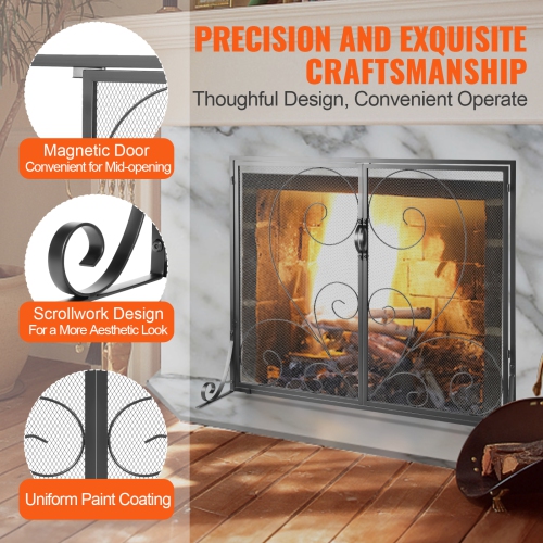 VEVOR 1 Panel Fireplace Screen with Door, Sturdy Iron Mesh Fireplace Screen, 39"(L) x31.6"(H) Spark Guard Cover, Simple Installation, Free Standing