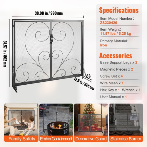 VEVOR 1 Panel Fireplace Screen with Door, Sturdy Iron Mesh Fireplace Screen, 39"(L) x31.6"(H) Spark Guard Cover, Simple Installation, Free Standing