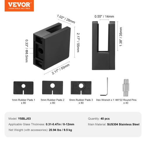 VEVOR 40 PCS Glass Clamp, Square Glass Railing Bracket for 0.31 "-0.47 " Tempered Glass, 304 Stainless Steel Glass Mounting Clamp, Glass Shelf