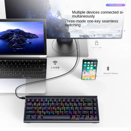 68-Key Wireless Bluetooth Mechanical Keyboard, RGB, Three Switchable Modes, 2.4G Wired, Black Tea Shaft, Computer and Office Games