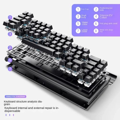 68-Key Wireless Bluetooth Mechanical Keyboard, RGB, Three Switchable Modes, 2.4G Wired, Black Tea Shaft, Computer and Office Games
