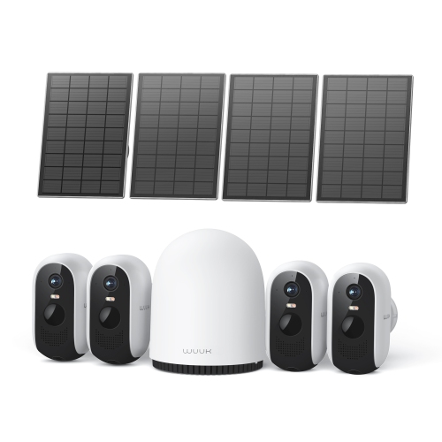 WUUK  Solar Security Camera Outdoor Wireless, Homebase + 4 Cameras, Forever Power, 32GB Storage, No Monthly Fees, Night Vision, 2.4/5 Ghz Wifi