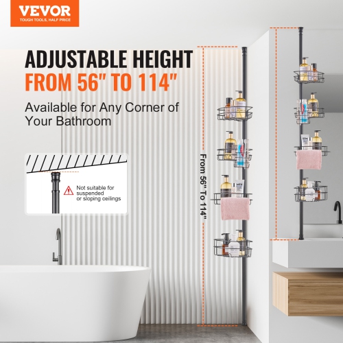 VEVOR Shower Corner Caddy Tension Pole, 56" to 114" High, Multi-Functional Shower Tension Pole with Strong Load-Bearing Tray, Rust-Proof