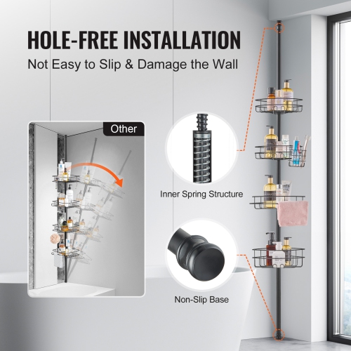 VEVOR Shower Corner Caddy Tension Pole, 56" to 114" High, Multi-Functional Shower Tension Pole with Strong Load-Bearing Tray, Rust-Proof