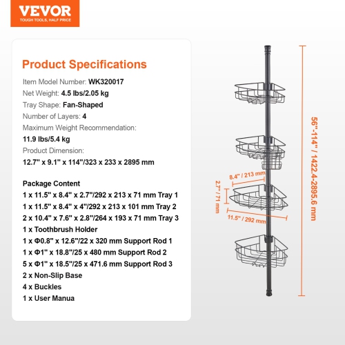 VEVOR Shower Corner Caddy Tension Pole, 56" to 114" High, Multi-Functional Shower Tension Pole with Strong Load-Bearing Tray, Rust-Proof