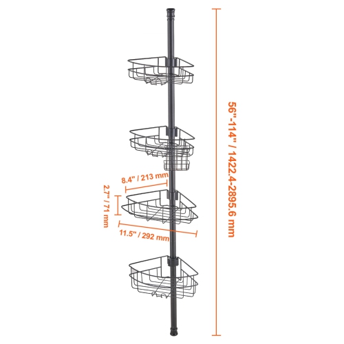 VEVOR Shower Corner Caddy Tension Pole, 56" to 114" High, Multi-Functional Shower Tension Pole with Strong Load-Bearing Tray, Rust-Proof