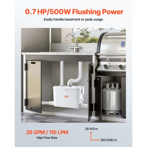 VEVOR 500W Macerator Pump, 29 GPM Flow, 26 ft/8 m Head, Macerator Sewerage Toilet Pump with 4 Water Inlets, Waste Water Disposal Upflush Machine for