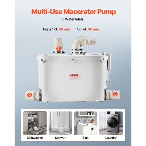 VEVOR 500W Macerator Pump, 29 GPM Flow, 26 ft/8 m Head, Macerator Sewerage Toilet Pump with 4 Water Inlets, Waste Water Disposal Upflush Machine for