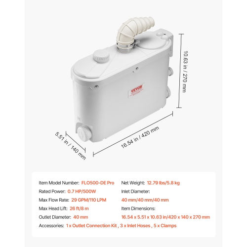 VEVOR 500W Macerator Pump, 29 GPM Flow, 26 ft/8 m Head, Macerator Sewerage Toilet Pump with 4 Water Inlets, Waste Water Disposal Upflush Machine for