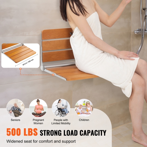 VEVOR Folding Teak Shower Seat, 20.9 x 16'' Unfolded, Wall Mounted Fold Up Shower Bench with 500 lbs Load Capacity, Space Saving Home Care Fold Down