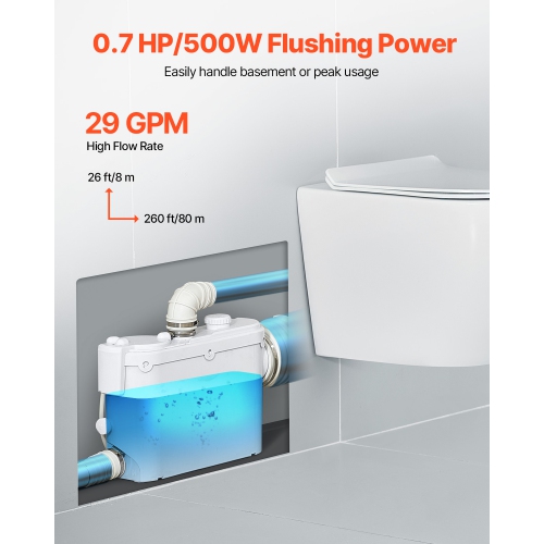 VEVOR 500W Macerator Pump, 29 GPM Flow, 26 ft/8 m Head, Macerator Wall-Hung Toilet Pump with 4 Water Inlets, Waste Water Disposal Upflush Machine for