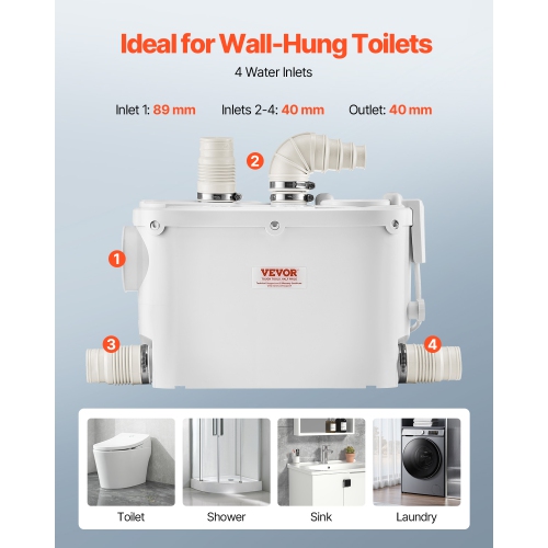 VEVOR 500W Macerator Pump, 29 GPM Flow, 26 ft/8 m Head, Macerator Wall-Hung Toilet Pump with 4 Water Inlets, Waste Water Disposal Upflush Machine for