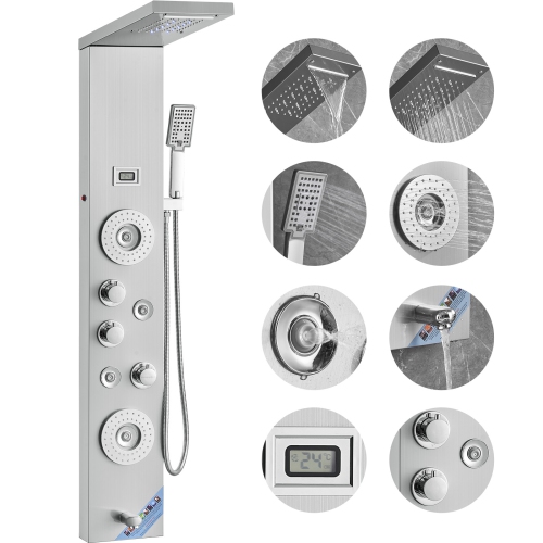 VEVOR Shower Panel System, 6 Shower Modes, LED & Display Shower Panel Tower, 4 Body Massage Jets, Tub Spout, Handheld Shower Head 59" Hose, Stainless