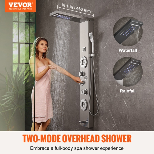 VEVOR Shower Panel System, 6 Shower Modes, LED & Display Shower Panel Tower, 4 Body Massage Jets, Tub Spout, Handheld Shower Head 59" Hose, Stainless