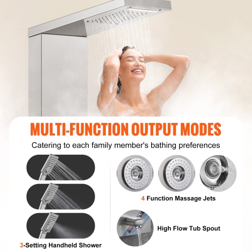 VEVOR Shower Panel System, 6 Shower Modes, LED & Display Shower Panel Tower, 4 Body Massage Jets, Tub Spout, Handheld Shower Head 59" Hose, Stainless