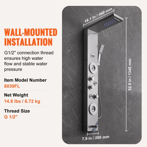 VEVOR Shower Panel System, 6 Shower Modes, LED & Display Shower Panel Tower, 4 Body Massage Jets, Tub Spout, Handheld Shower Head 59" Hose, Stainless