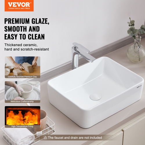 VEVOR 19" x 14.7" Rectangle Vessel Sink, Bathroom Vessel Sink Countertop, White Ceramic Bathroom Sinks Above Counter, Modern Style, Bright and