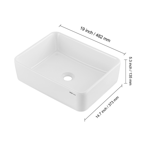 VEVOR 19" x 14.7" Rectangle Vessel Sink, Bathroom Vessel Sink Countertop, White Ceramic Bathroom Sinks Above Counter, Modern Style, Bright and
