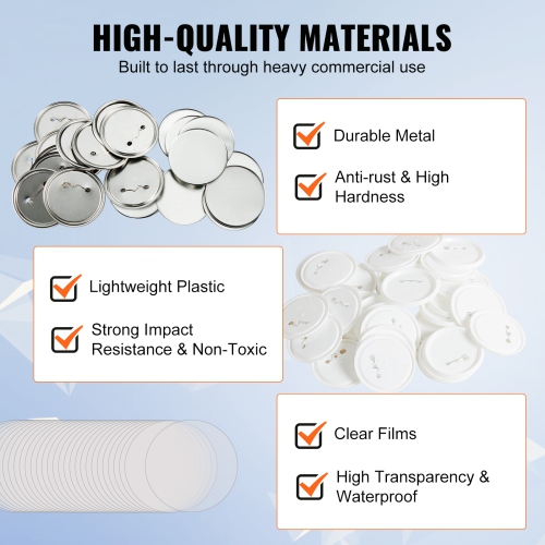 VEVOR 200 Sets 3 inch 75mm Pin Back Button Parts, DIY Round Button Badge Parts, Set Includes Metal Top, Plastic/Metal Button, Clear Film, and Blank