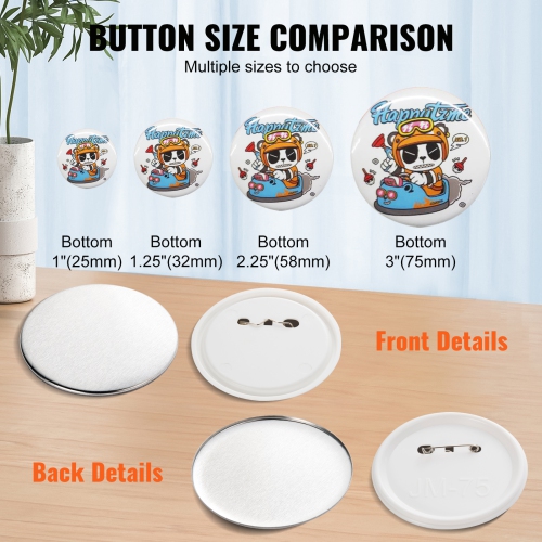VEVOR 200 Sets 3 inch 75mm Pin Back Button Parts, DIY Round Button Badge Parts, Set Includes Metal Top, Plastic/Metal Button, Clear Film, and Blank