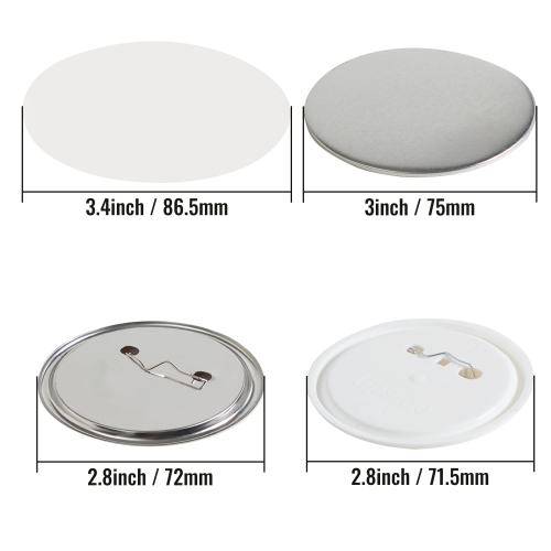 VEVOR 200 Sets 3 inch 75mm Pin Back Button Parts, DIY Round Button Badge Parts, Set Includes Metal Top, Plastic/Metal Button, Clear Film, and Blank