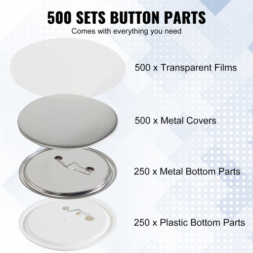 VEVOR 500 Sets 2.25 inch 58mm Pin Back Button Parts, DIY Round Button Badge Parts, Set Includes Metal Top, Plastic/Metal Button, Clear Film, and