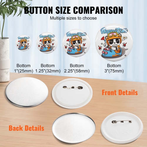 VEVOR 500 Sets 2.25 inch 58mm Pin Back Button Parts, DIY Round Button Badge Parts, Set Includes Metal Top, Plastic/Metal Button, Clear Film, and