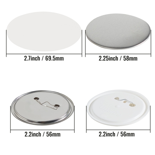 VEVOR 500 Sets 2.25 inch 58mm Pin Back Button Parts, DIY Round Button Badge Parts, Set Includes Metal Top, Plastic/Metal Button, Clear Film, and