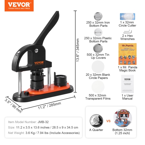 VEVOR 1.25 inch/32mm Button Maker Machine, Pin Maker, Installation-Free Badge Punch Press Kit, Children Button Making Supplies with 500pcs Button