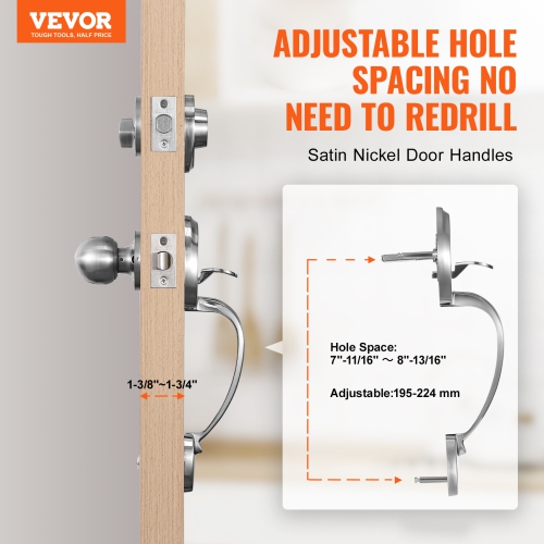 VEVOR Front Door Handle and Deadbolt Set, Satin Nickel Front Door Lock Set with Interior Knob, Single Cylinder Handleset Adjustable Hole Spacing, for
