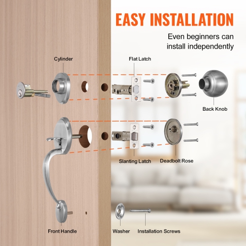 VEVOR Front Door Handle and Deadbolt Set, Satin Nickel Front Door Lock Set with Interior Knob, Single Cylinder Handleset Adjustable Hole Spacing, for