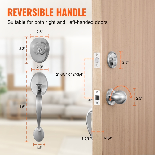 VEVOR Front Door Handle and Deadbolt Set, Satin Nickel Front Door Lock Set with Interior Knob, Single Cylinder Handleset Adjustable Hole Spacing, for