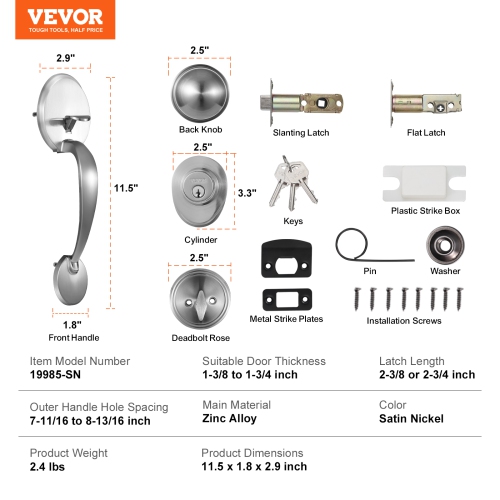 VEVOR Front Door Handle and Deadbolt Set, Satin Nickel Front Door Lock Set with Interior Knob, Single Cylinder Handleset Adjustable Hole Spacing, for