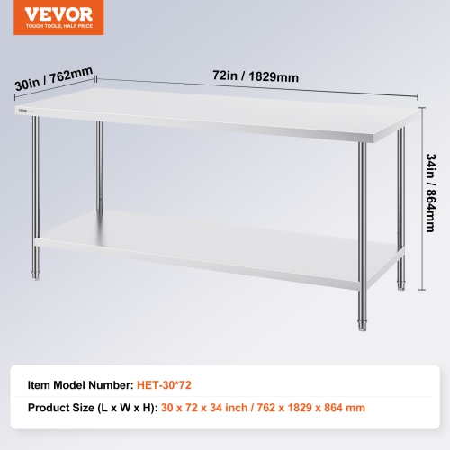VEVOR 30 x 72 x 34 Inch Stainless Steel Prep Table, Heavy Duty Metal Worktable with 3 Adjustable Height Levels, Commercial Workstation for Kitchen