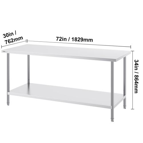 VEVOR 30 x 72 x 34 Inch Stainless Steel Prep Table, Heavy Duty Metal Worktable with 3 Adjustable Height Levels, Commercial Workstation for Kitchen