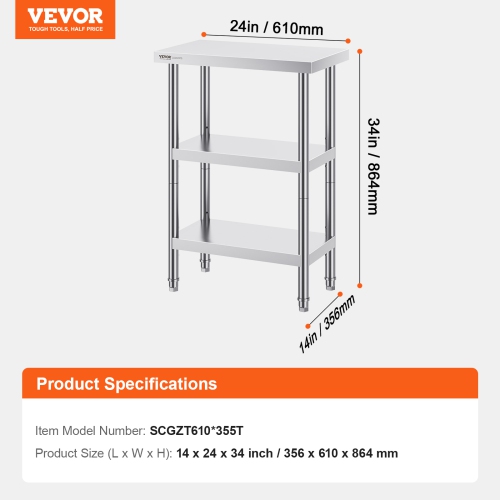 VEVOR 14 x 24 x 34 Inch Stainless Steel Food Prep Table, Commercial Kitchen Worktable, with 2 Adjustable Undershelf, Heavy Duty Prep Table Metal Work