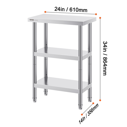 VEVOR 14 x 24 x 34 Inch Stainless Steel Food Prep Table, Commercial Kitchen Worktable, with 2 Adjustable Undershelf, Heavy Duty Prep Table Metal Work